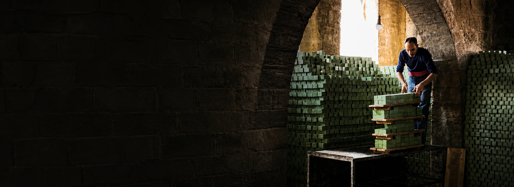 Traditional Aleppo soap curing in a stone room for Bera Botanicals natural skincare