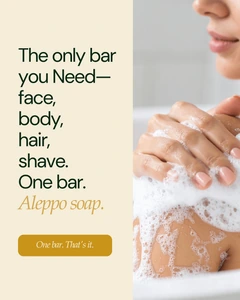 Instagram graphic showing Aleppo soap for face, body, hair, and shave